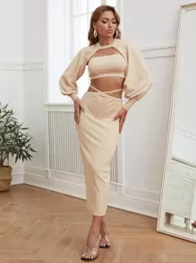 SHEIN Unity Solid Lantern Sleeve Sweater & Knit Tube Top & Split Hem Knit Skirt - Apricot - View 1