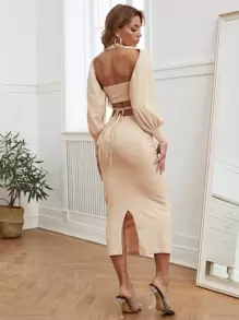 SHEIN Unity Solid Lantern Sleeve Sweater & Knit Tube Top & Split Hem Knit Skirt - Apricot - View 2