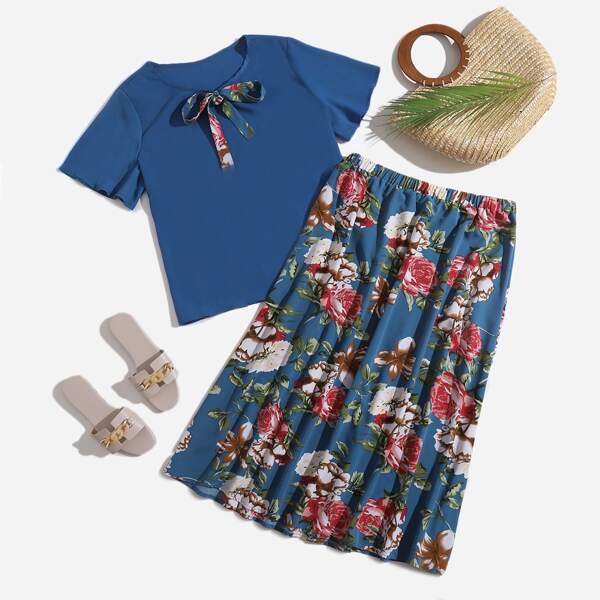 

Plus Knot Front Tee With Floral Skirt, Blue