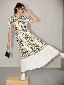 SHEIN Letter Graphic Pleated Hem Dress - Multicolor - View 2