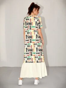 SHEIN Letter Graphic Pleated Hem Dress - Multicolor - View 3