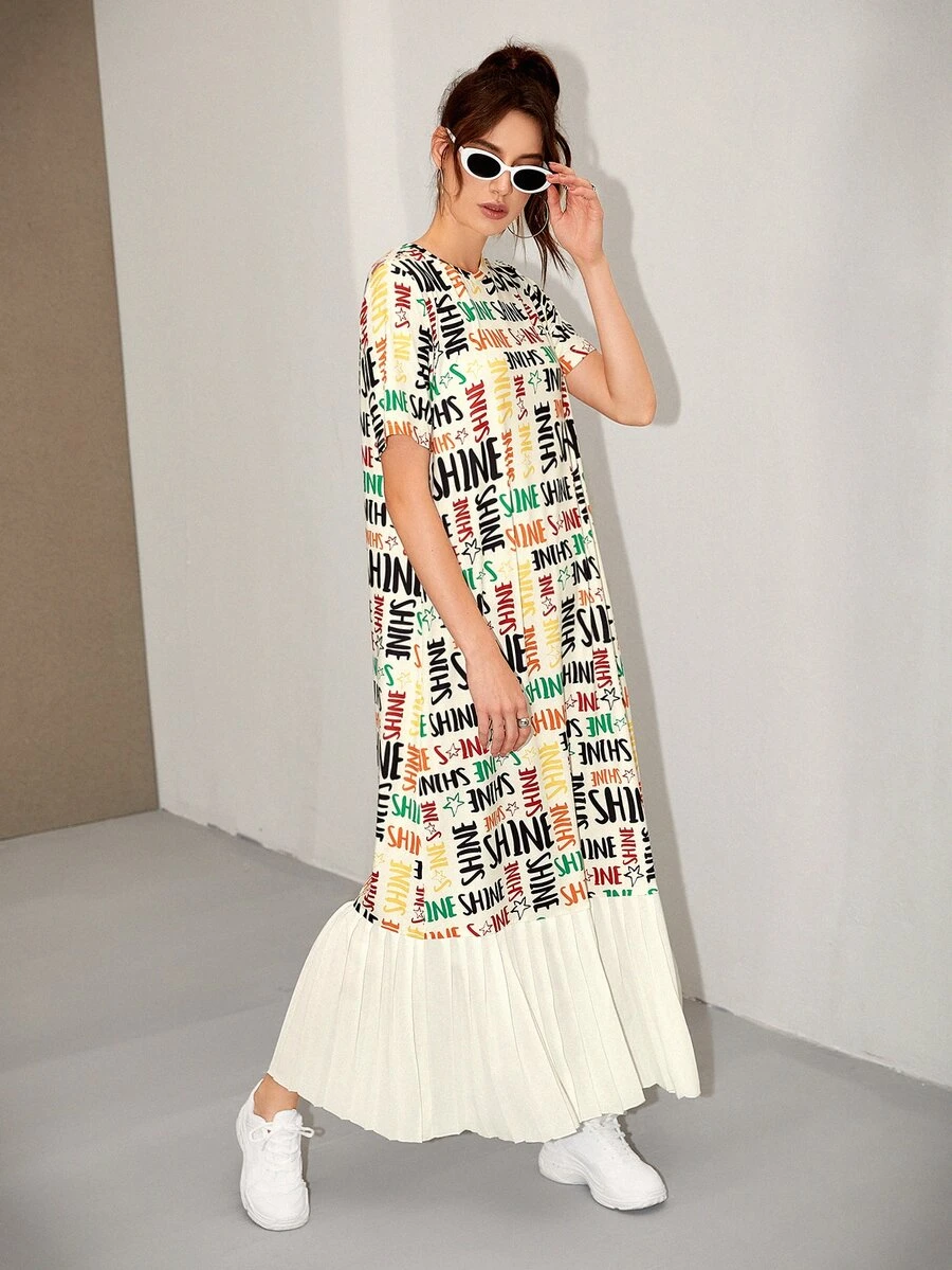 SHEIN Letter Graphic Pleated Hem Dress - Multicolor - View 1