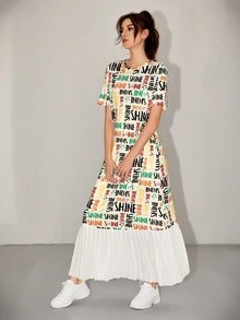 SHEIN Letter Graphic Pleated Hem Dress - Multicolor - View 4