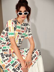 SHEIN Letter Graphic Pleated Hem Dress - Multicolor - View 5