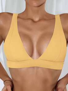 Ribbed V Neck Bikini Top, For Summer Beach Vacation - Yellow - View 3