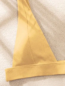 Ribbed V Neck Bikini Top, For Summer Beach Vacation - Yellow - View 4
