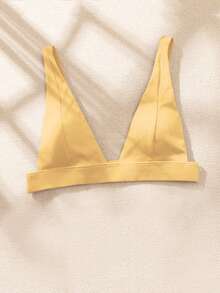 Ribbed V Neck Bikini Top, For Summer Beach Vacation - Yellow - View 5