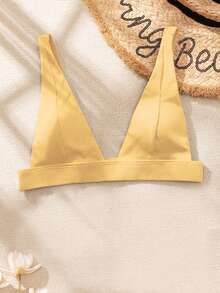 Ribbed V Neck Bikini Top, For Summer Beach Vacation - Yellow - View 6