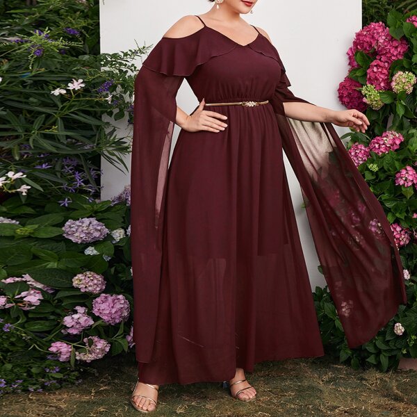 

Plus Extra-Long Sleeve Cold Shoulder Maxi Dress Without Belt, Maroon