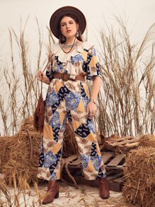 Mulvari Plus Paisley & Patchwork Print Ruffle Trim Jumpsuit - Multicolor - View 3