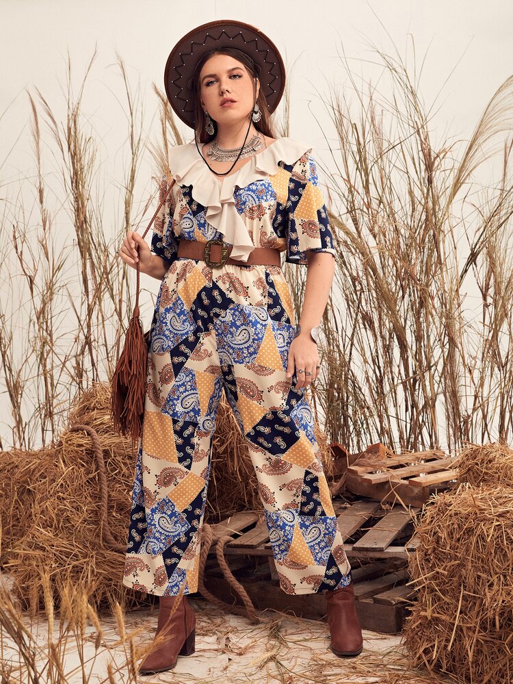 Mulvari Plus Paisley & Patchwork Print Ruffle Trim Jumpsuit - Multicolor - View 3