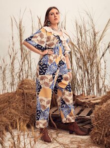 Mulvari Plus Paisley & Patchwork Print Ruffle Trim Jumpsuit - Multicolor - View 4