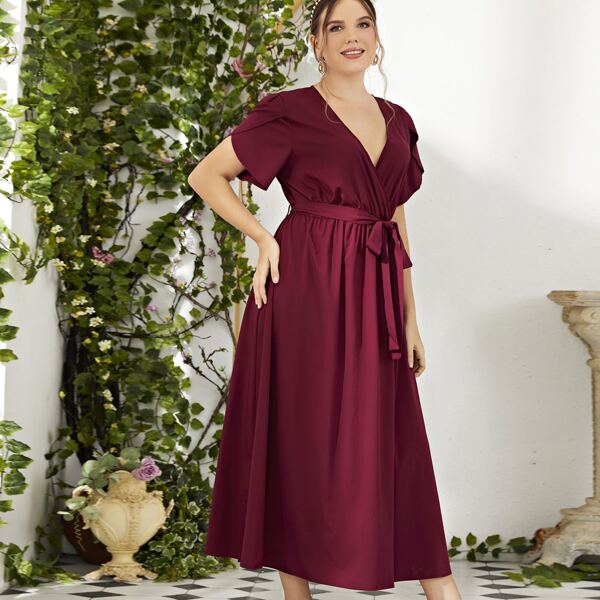 

Plus Solid Surplice Front Belted Dress, Burgundy