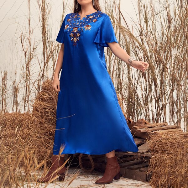 

Plus Floral Embroidery Flutter Sleeve Satin Dress Without Belt, Royal blue