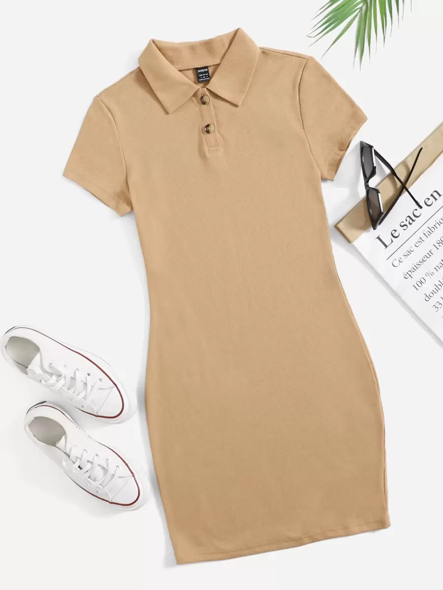 SHEIN EZwear 紐扣羅紋針織包臀連衣裙