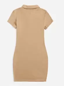 SHEIN EZwear 紐扣羅紋針織包臀連衣裙 - 卡其色 - 查看 3