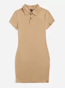 SHEIN EZwear 紐扣羅紋針織包臀連衣裙 - 卡其色 - 查看 4