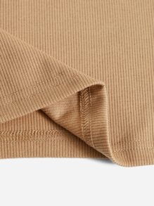 SHEIN EZwear 紐扣羅紋針織包臀連衣裙 - 卡其色 - 查看 6