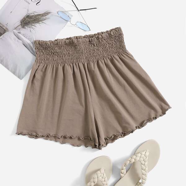 

Shirred Waist Lettuce Trim Shorts, Mocha brown