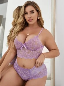 Plus Floral Lace Scallop Trim Lingerie Set - Lilac Purple - View 1