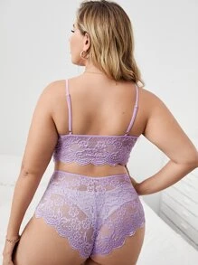 Plus Floral Lace Scallop Trim Lingerie Set - Lilac Purple - View 2