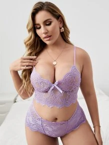 Plus Floral Lace Scallop Trim Lingerie Set - Lilac Purple - View 3