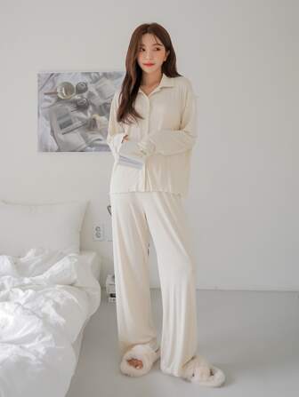 بيجامة مجموعة ملابس منزلية بأزرار أمامية