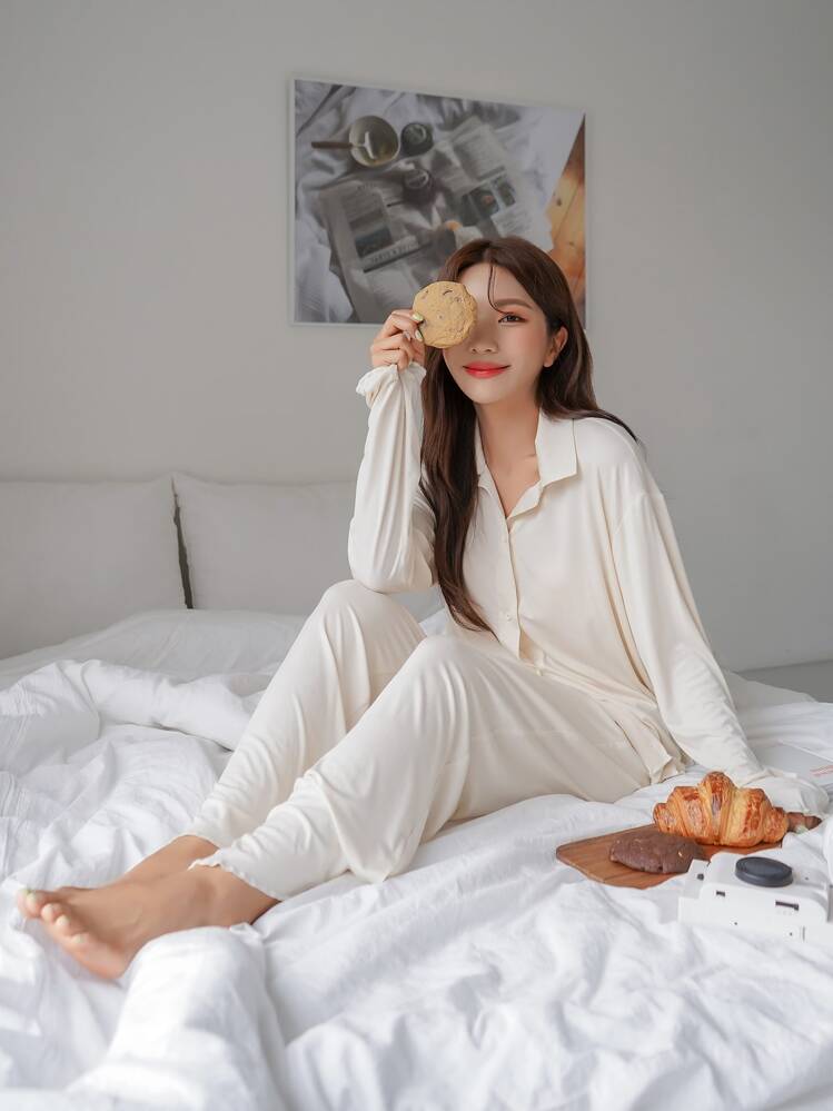 DAZY Solid Button Front Lounge Set Pajama - Beige - View 3