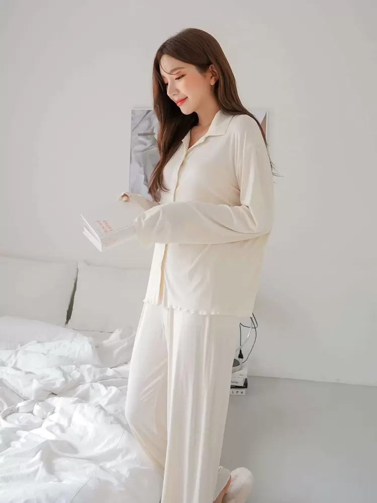 DAZY Solid Button Front Lounge Set Pajama - Beige - View 5