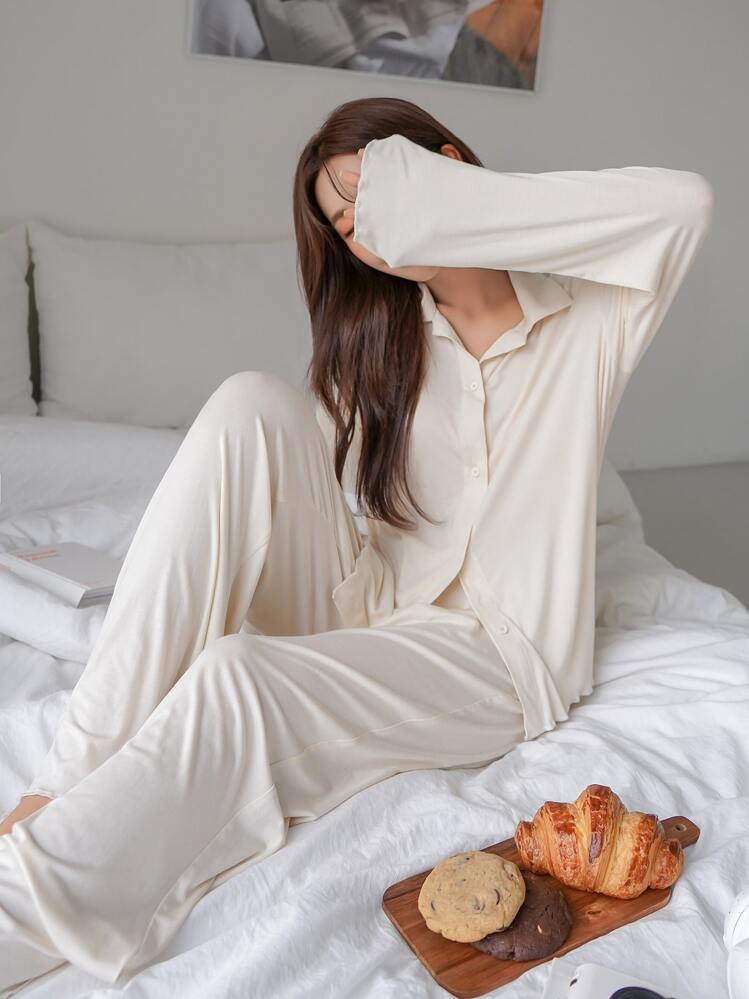 DAZY Solid Button Front Lounge Set Pajama - Beige - View 6