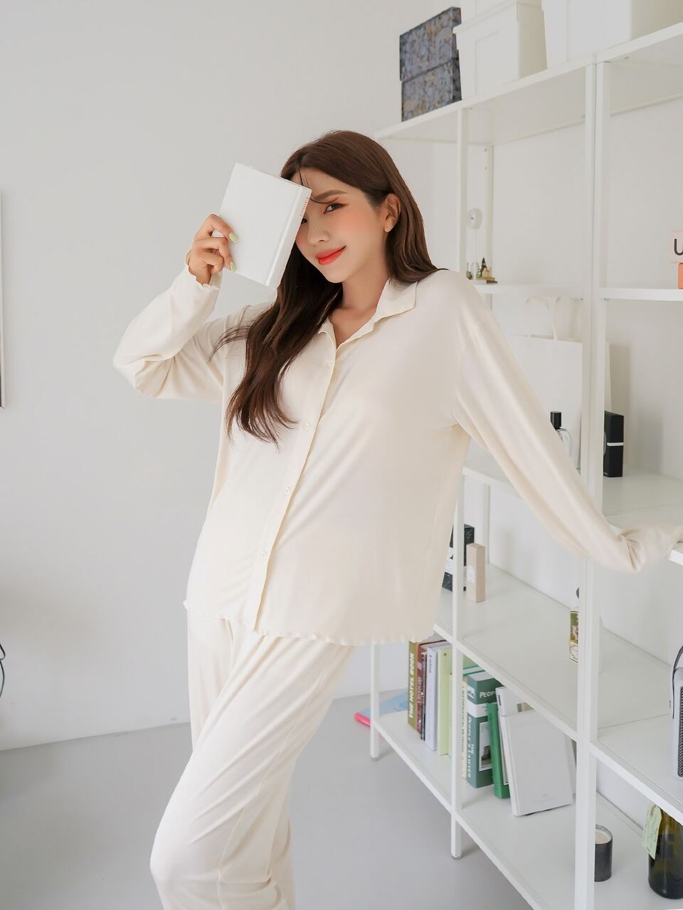 Solid Button Front Lounge Set Pajama