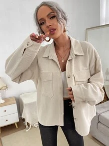 SHEIN Frenchy Flap Pocket Button Front Coat Winter - Beige - View 1