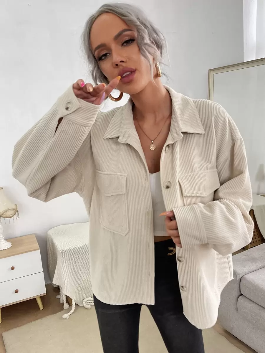 SHEIN Frenchy Flap Pocket Button Front Coat Winter - Beige - View 1