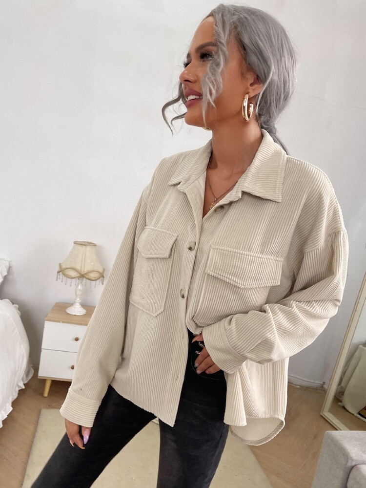 SHEIN Frenchy 翻蓋口袋前紐扣外套 - 米色 - 查看 4