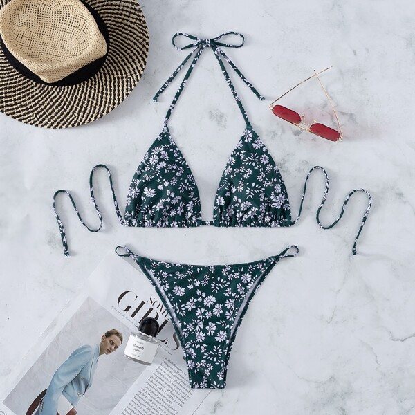 

Ditsy Floral Triangle Thong Bikini Swimsuit, Multicolor