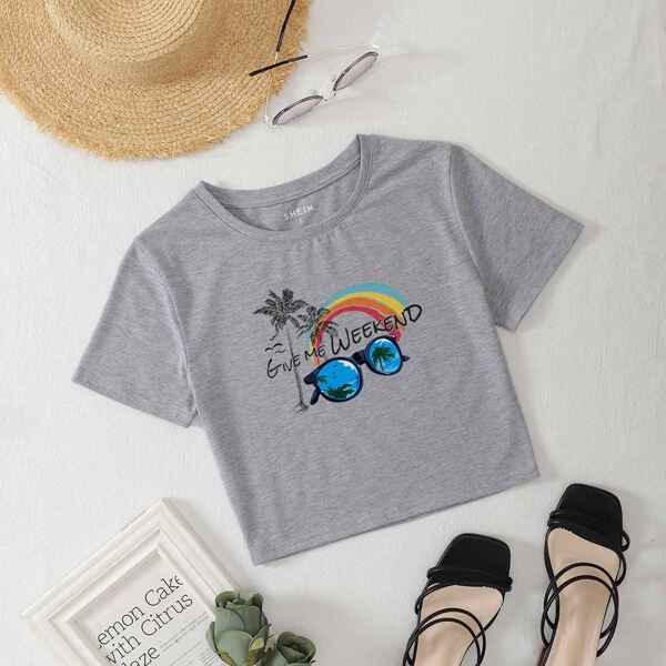 

Tropical And Slogan Graphic Tee, Grey