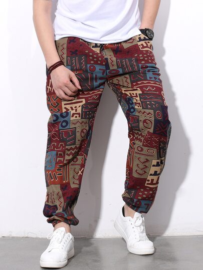 Manfinity Homme Loose Fit Men's Random Geometric Printed Pants With Side Pockets Baggy Long Slacks Graphic Colorful Going Out, For Fall