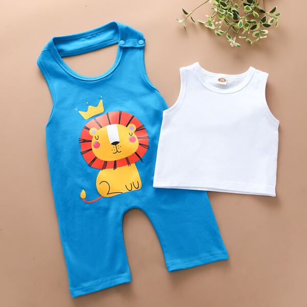 

Baby Boy Solid Tank Top & Lion Print Halter Jumpsuit, Blue and white
