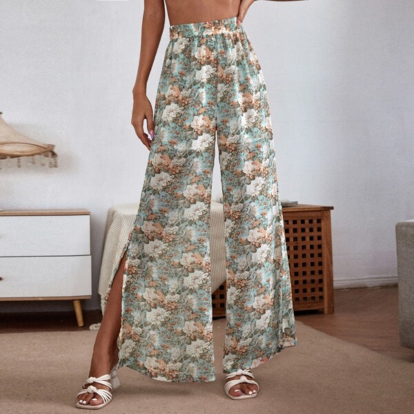 

Allover Floral Split Hem Wide Leg Pants, Multicolor