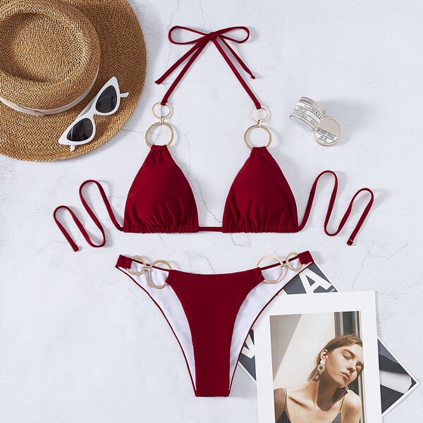 

Ring Linked Triangle Bikini Swimsuit, Burgundy