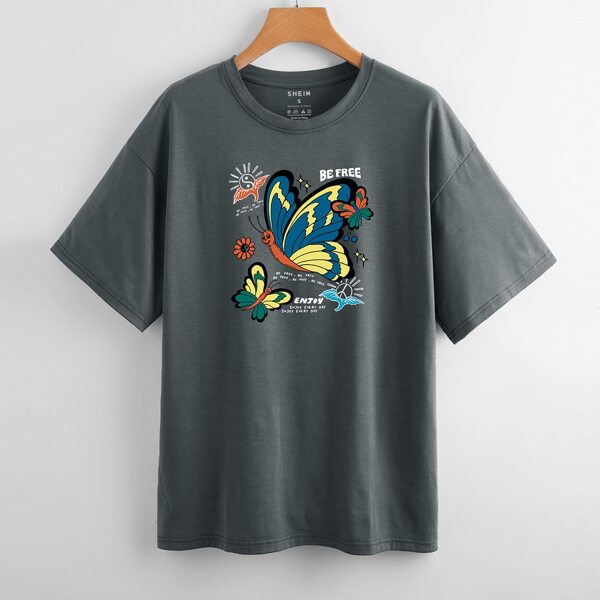 

Butterfly & Slogan Print Round Neck Tee, Dark grey