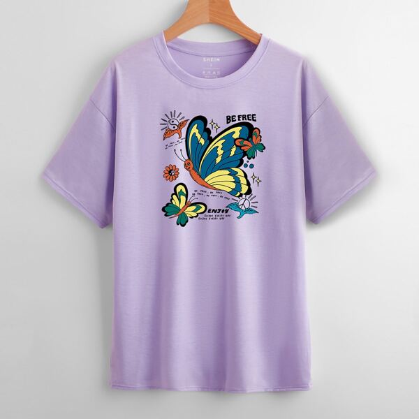 

Butterfly & Slogan Print Round Neck Tee, Mauve purple