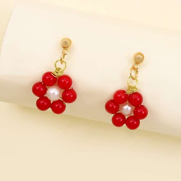 

Flower Design Drop Earrings, Red