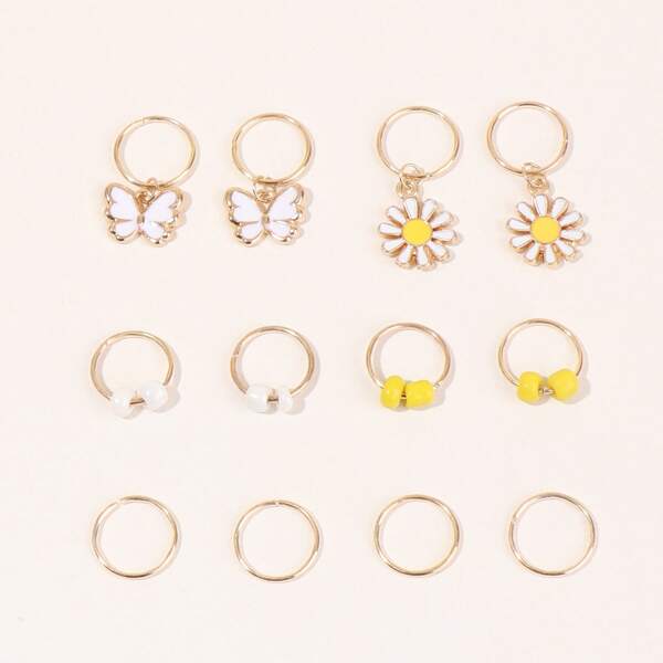 

12pcs Butterfly & Flower Charm Hair Ring, Gold