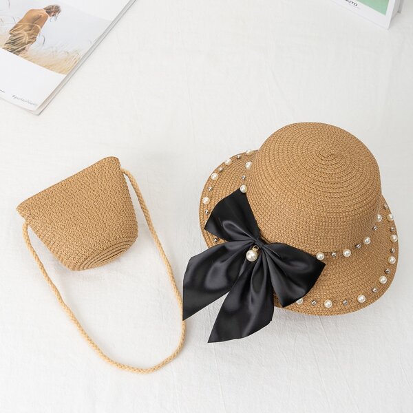 

Girls Mini Bow Decor Crossbody Bag With Hat, Coffee brown