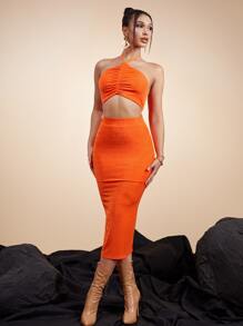 SHEIN neón naranja fruncido Top halter & bajo con abertura Falda Conjunto - Naranja - Ver 3
