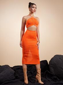 SHEIN neón naranja fruncido Top halter & bajo con abertura Falda Conjunto - Naranja - Ver 4