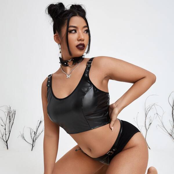 

Plus PU Buckle Decor Lingerie Set, Black