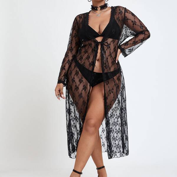 

Plus Bow Pattern Sheer Mesh Dress With Thong, Black