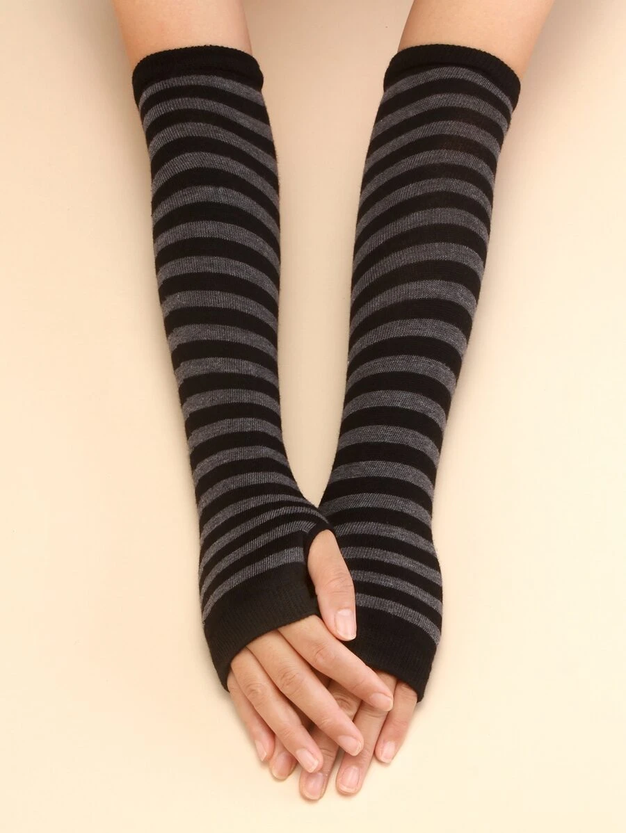 Striped Pattern Long Fingerless Gloves Halloween Cold Gloves - Multicolor - View 1